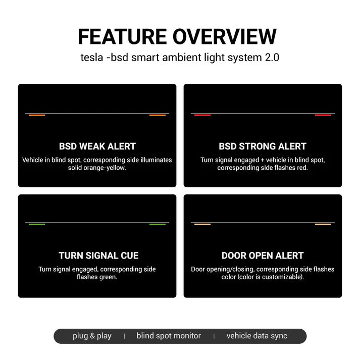 Tesla Model 3 & Model Y Blind Spot Monitor RGB Ambient Lighting (BSD Lane Change Alert)