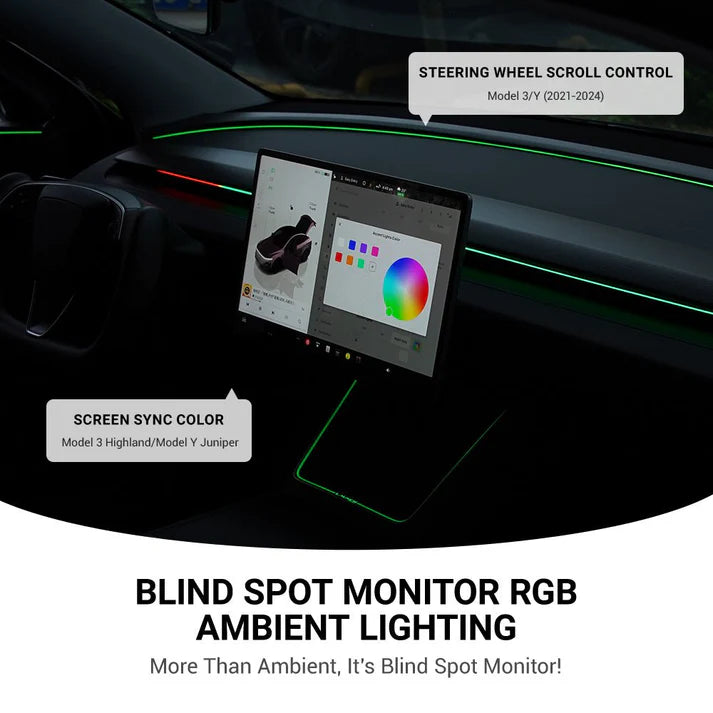 Tesla Model 3 & Model Y Blind Spot Monitor RGB Ambient Lighting (BSD Lane Change Alert)
