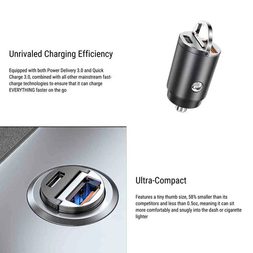 Dual-port fast car charging | PD 3.0 + QC 3.0 | 30W output | Ultra-compact design